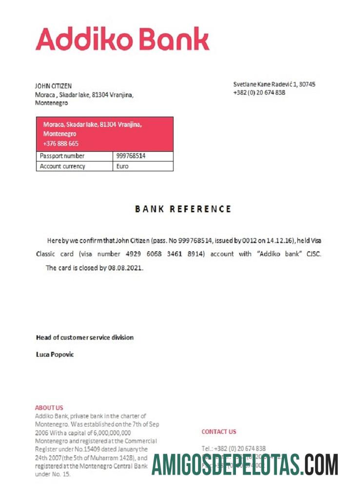 Referência de fechamento do banco Montenegro Addiko exemplo real